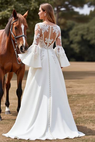 White A Line Flare Sleeves Boho Sweep Train Wedding Dress with Appliques